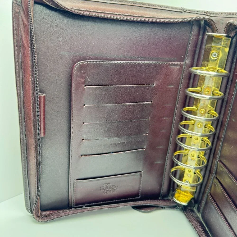 Franklin Quest Full Grain Aniline Leather Brown Planner Classic Sz 7 Ring Zipper